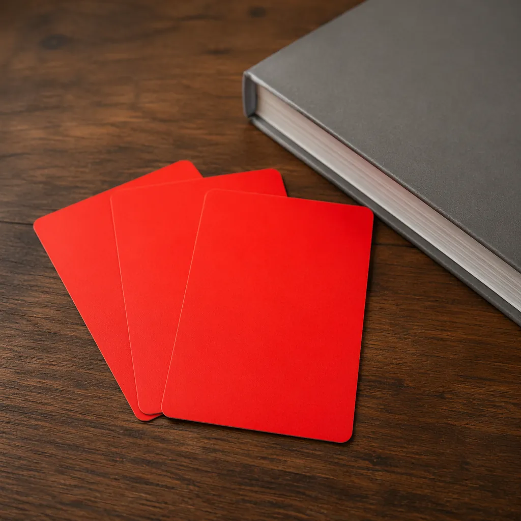 Detail shot of three red cards laid on a wooden table next to a plain sports rul