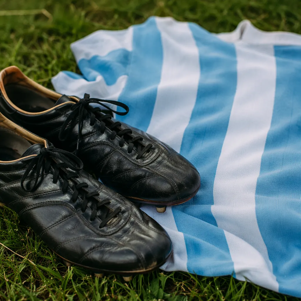 Close-up of classic football boots and striped national team jersey laid on gras
