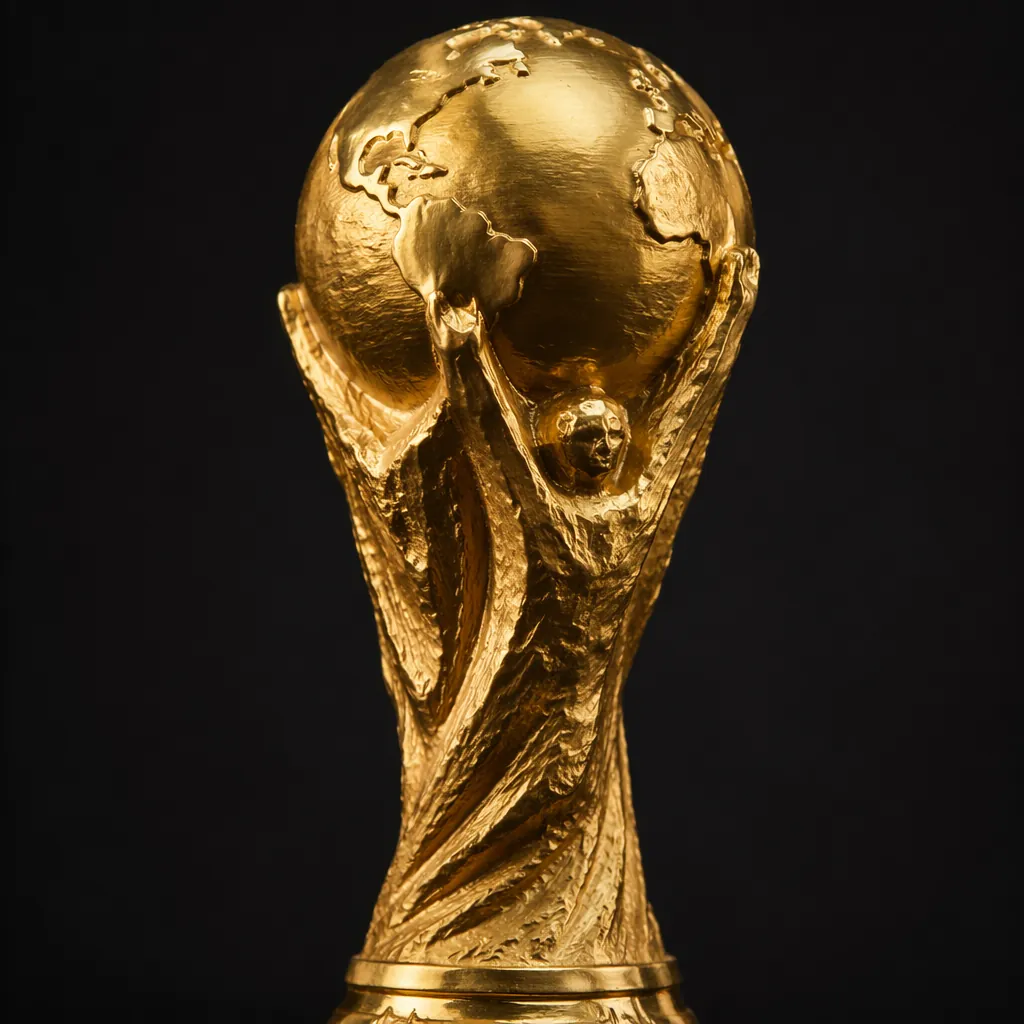 Close-up of a golden World Cup trophy replica on a dark matte background, soft s