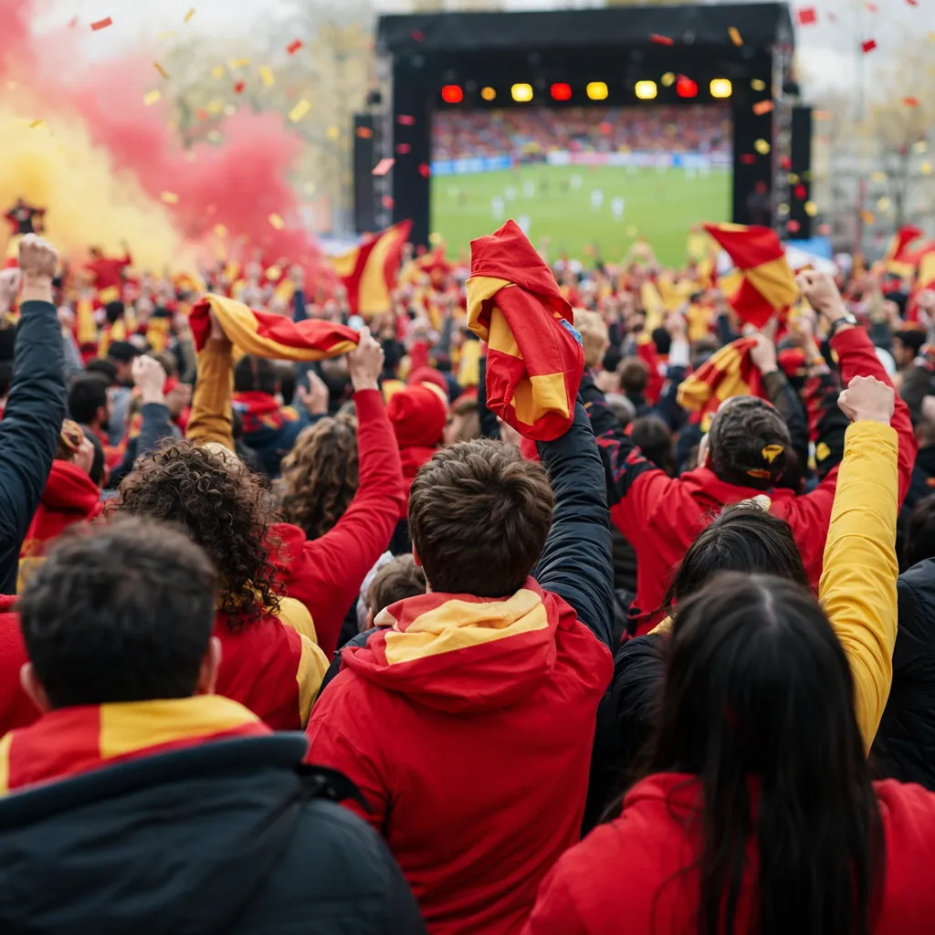 Wide shot of anonymous football fans in red and yellow scarves celebrating at a 