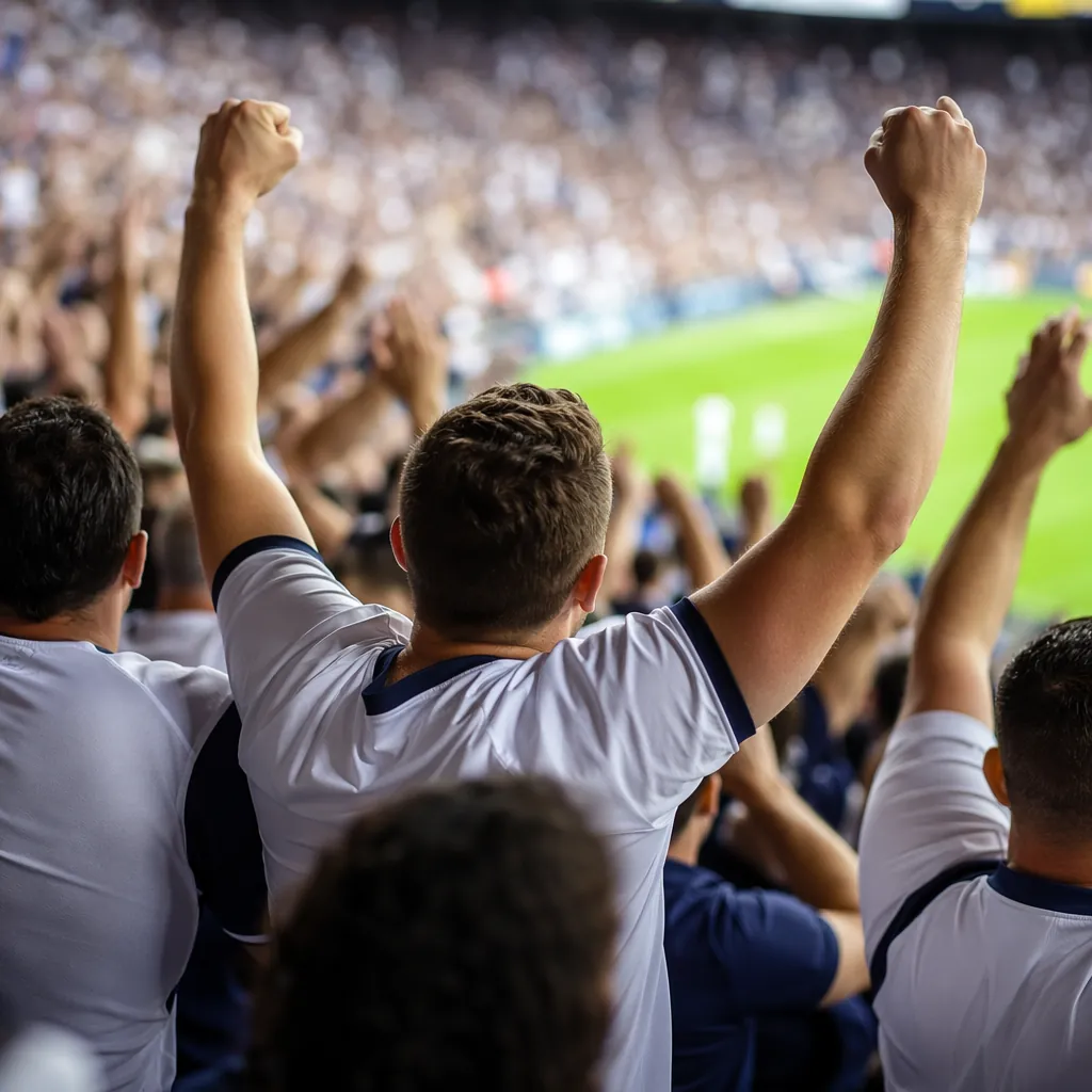 Generic shot of football fans wearing neutral team jerseys cheering in stadium s