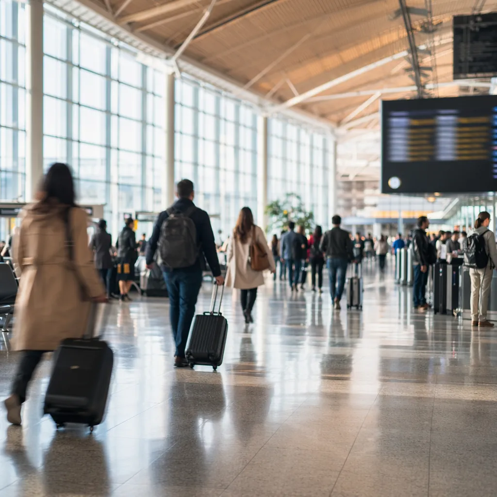 Wide shot of a generic international airport departure area, blurred passengers,