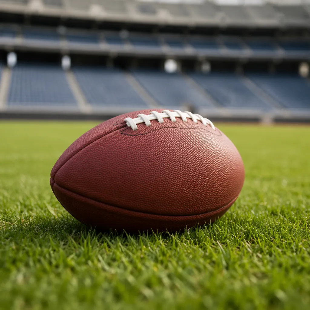 Close up of a generic football resting on green grass pitch, blurred empty stadi