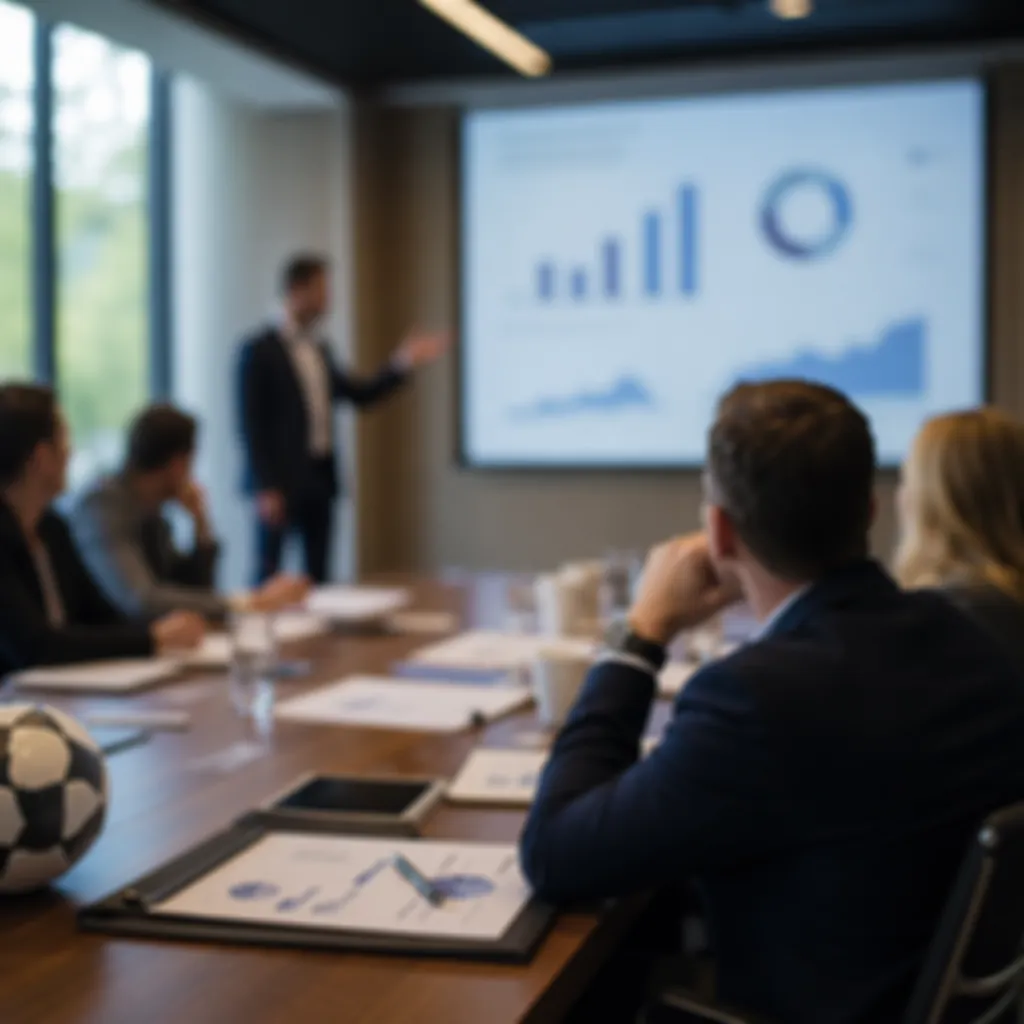 Blurred shot of a sports business meeting room with generic growth charts on pre