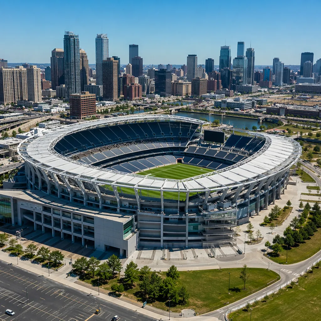 Wide shot of modern football stadium in a North American city, green pitch visib