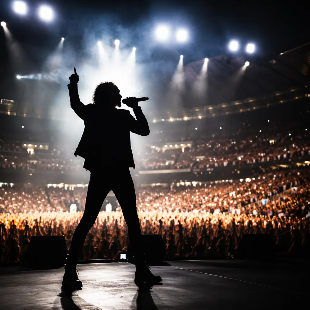 Silhouette of a singer performing on a large stadium stage, bright stage lightin