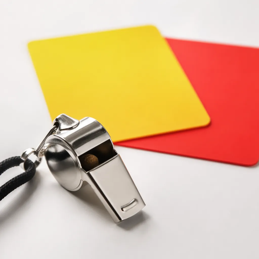 Close up of referee whistle, yellow and red cards placed on white table, soft li