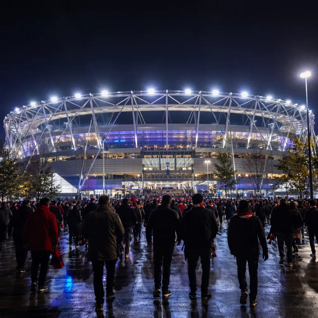 Wide shot of a modern multi-functional football stadium at night, bright floodli