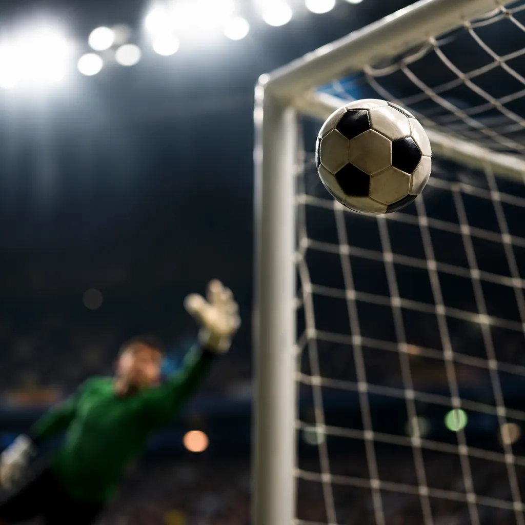 Close up shot of a football flying through the air towards the top corner of a g
