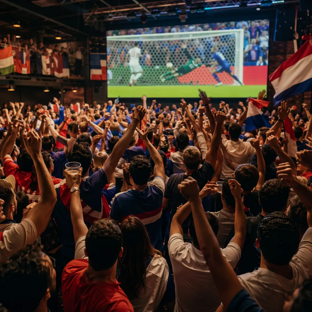 Wide shot of a packed indoor World Cup viewing party, fans cheering with raised 