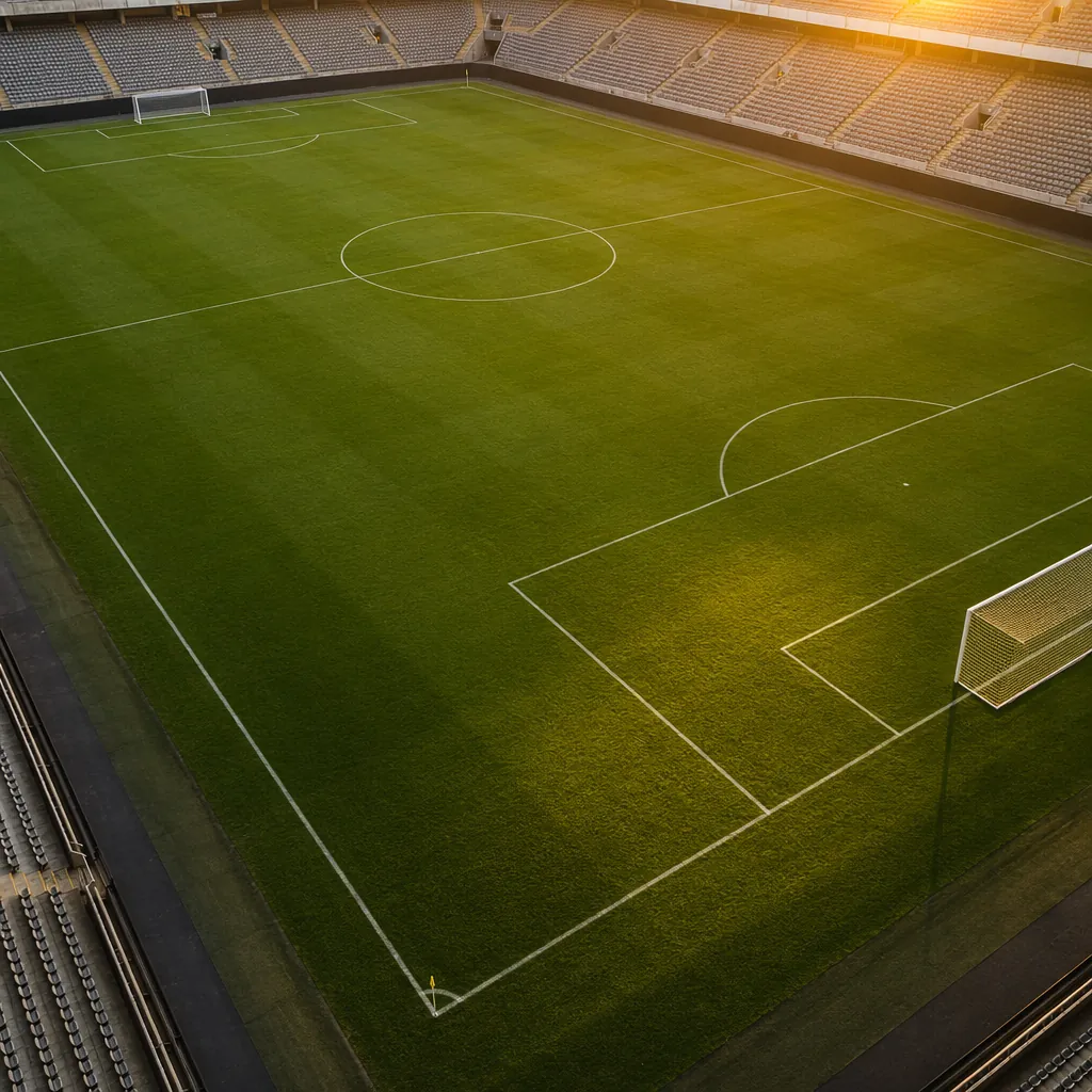 High angle shot of a football pitch with clear white line markings, warm golden 