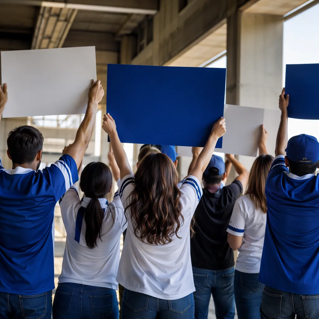 Warm football fan support scene, group of fans wearing generic blue and white fo