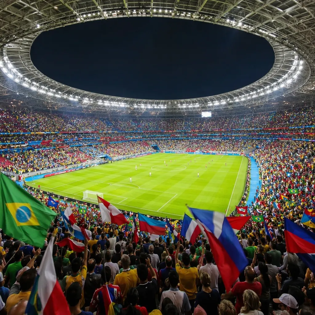 Wide shot of a packed World Cup football stadium during a group stage match, vib