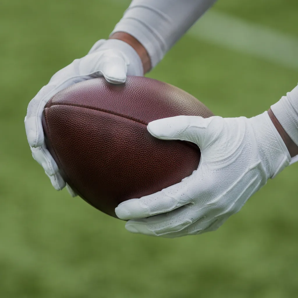 Detail shot of a person's gloved hands holding a plain football, only hands and 
