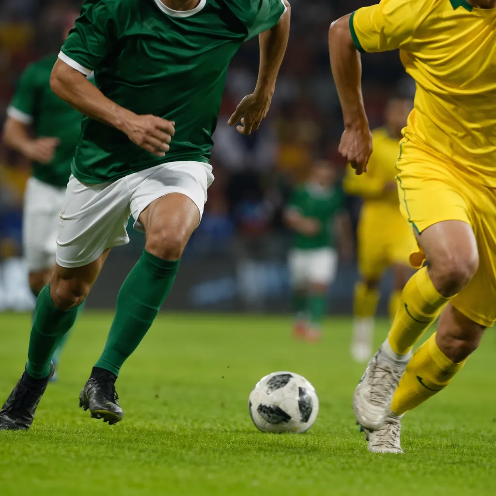 Action shot of a soccer match in progress, players in generic green and yellow j
