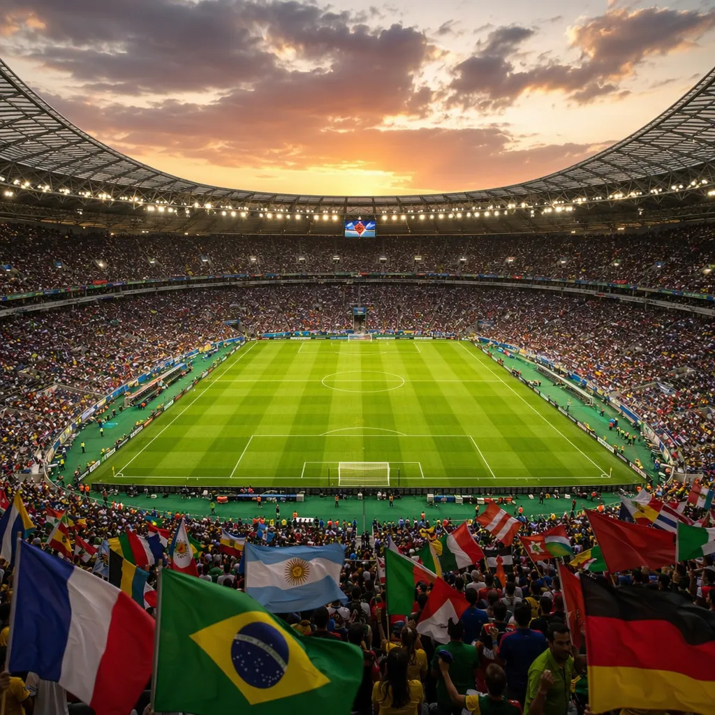 Wide shot of modern world cup soccer stadium before match, green grass pitch, wa