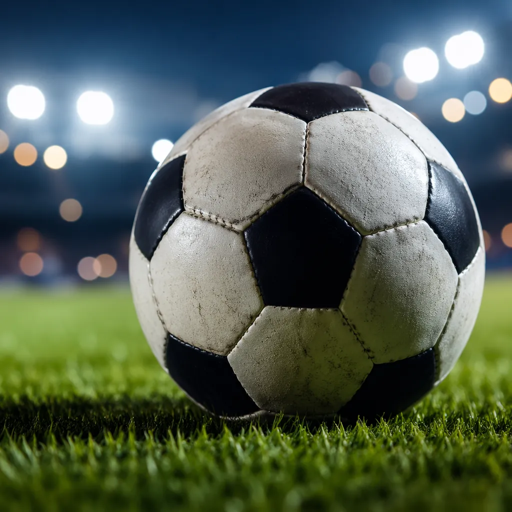 Close up of a soccer ball on grass with stadium lights bokeh in background, no b