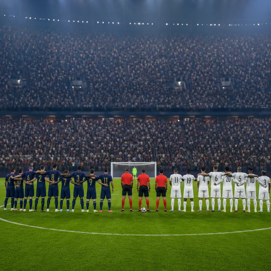 A wide shot of a world cup stadium during a penalty shootout, with players stand
