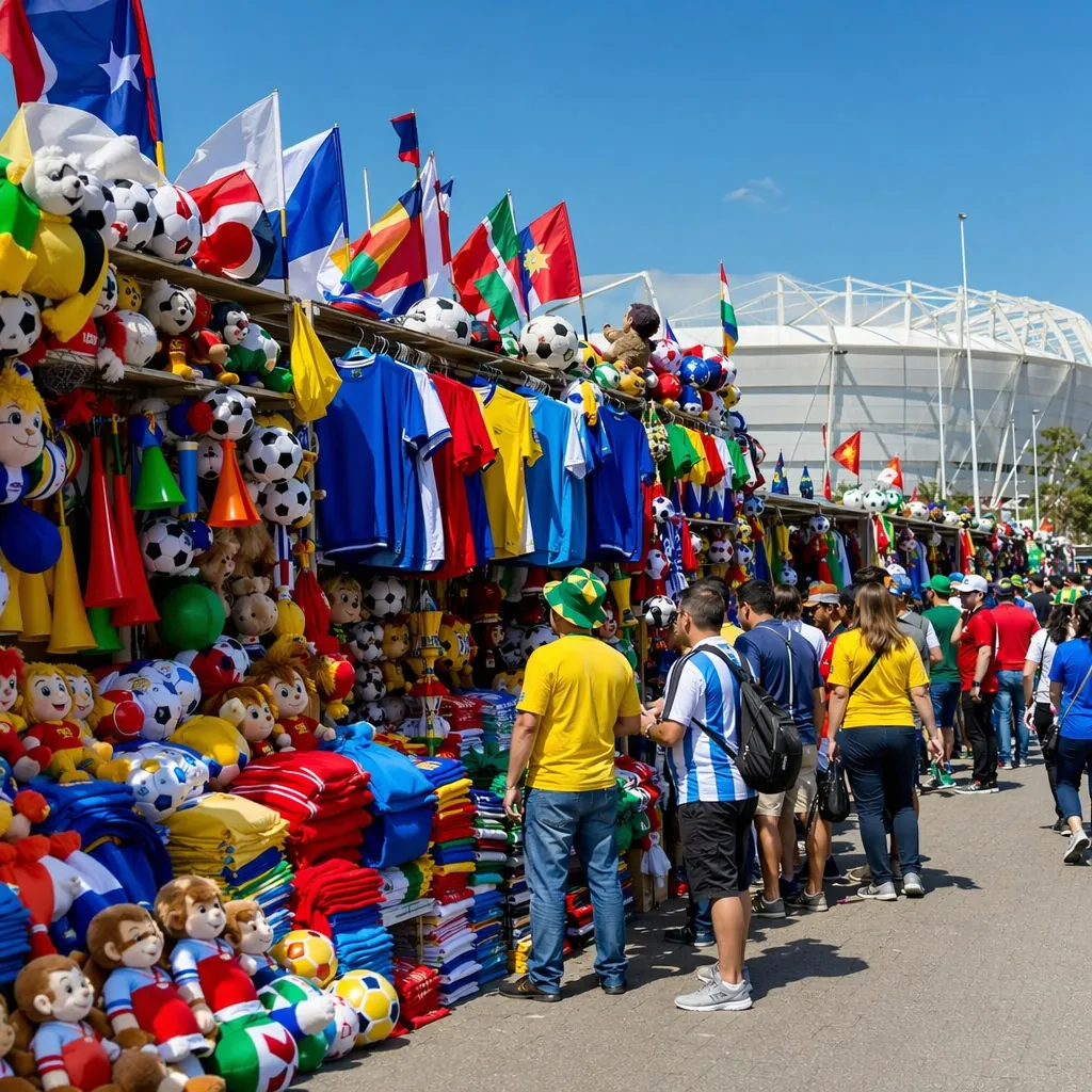 Wide shot of colorful World Cup souvenir stalls outside the stadium, stacks of p