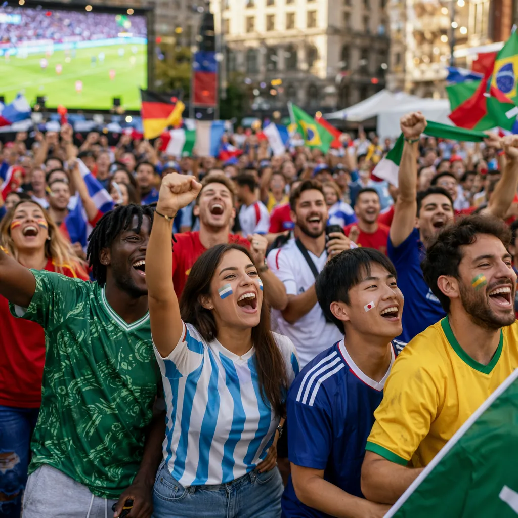 Wide shot of international football fans celebrating in a public viewing area, w