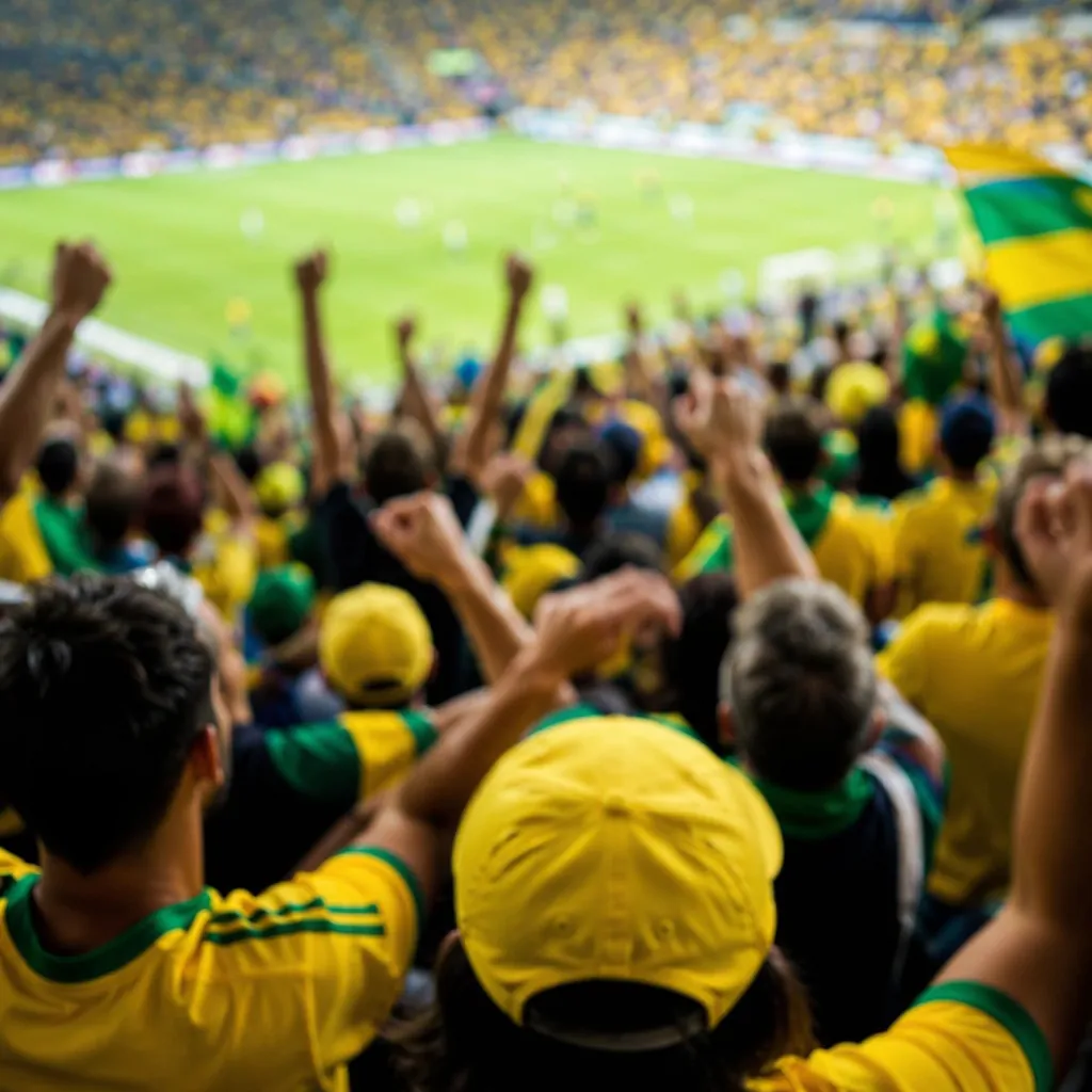Blurred shot of soccer fans wearing yellow and green jerseys cheering in stadium