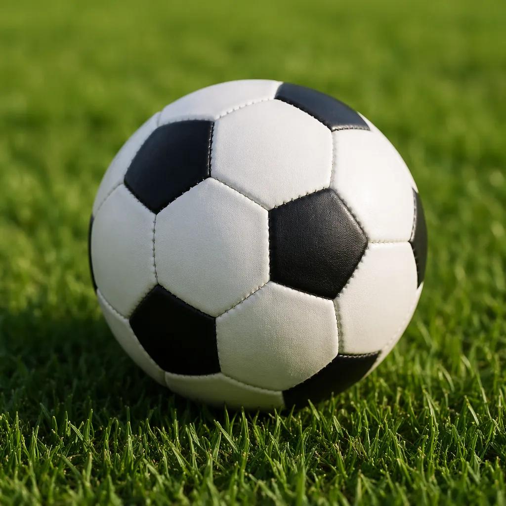 Close-up shot of a standard soccer ball resting on well-maintained grass pitch, 
