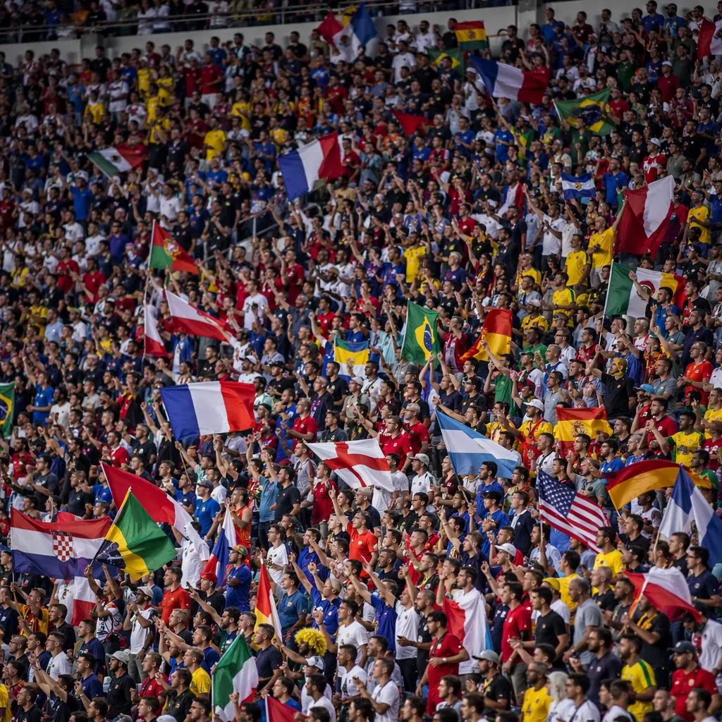 Wide shot of diverse soccer fans in stadium stands waving national flags, vibran