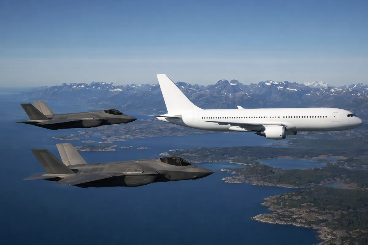Two unmarked F-35 fighter jets flying in formation next to a plain white civilian passenge