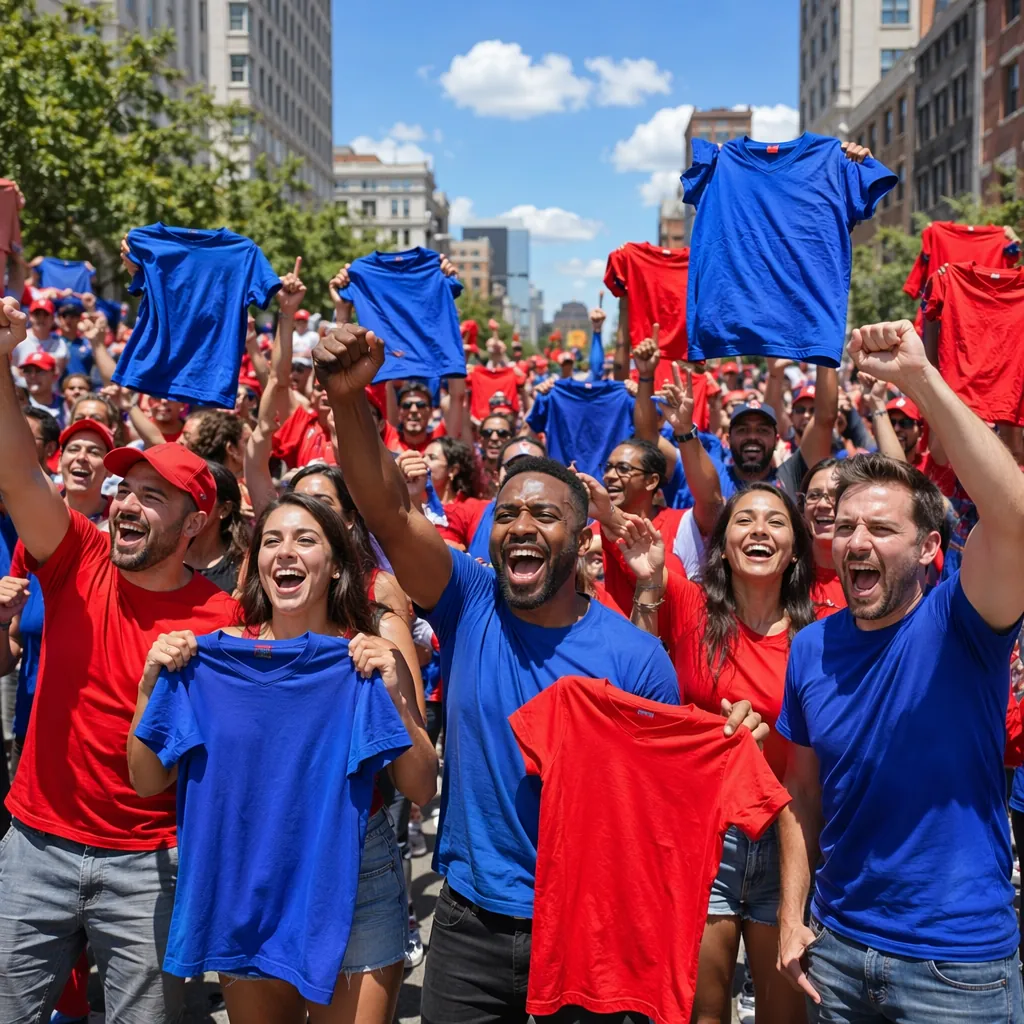 Crowds of cheering fans wearing red and blue casual clothing holding generic pla