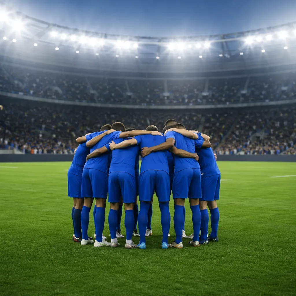 Generic green football pitch with a team huddle of players in plain blue kits fr