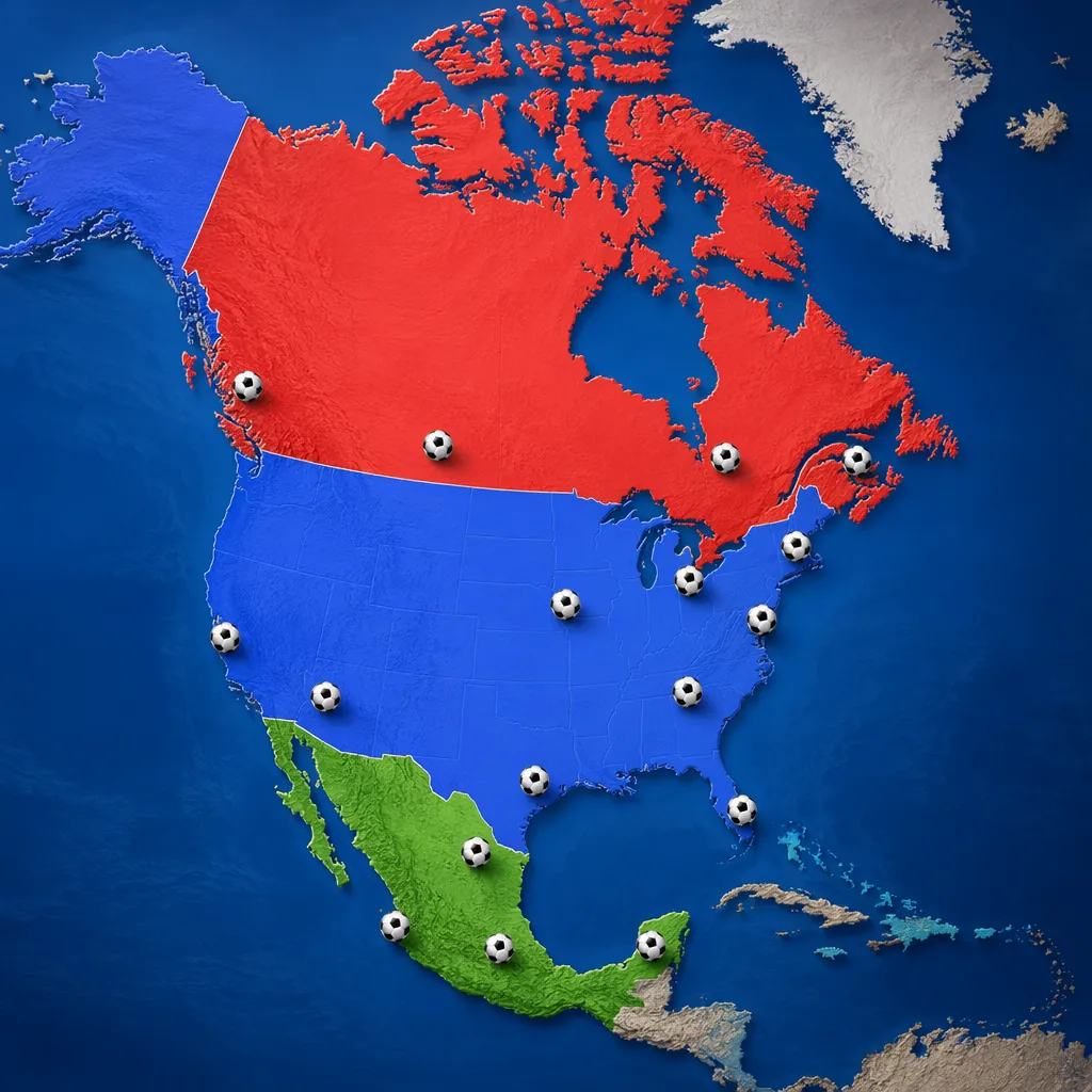 Map of North America marking 16 host cities of the World Cup, bright color codin