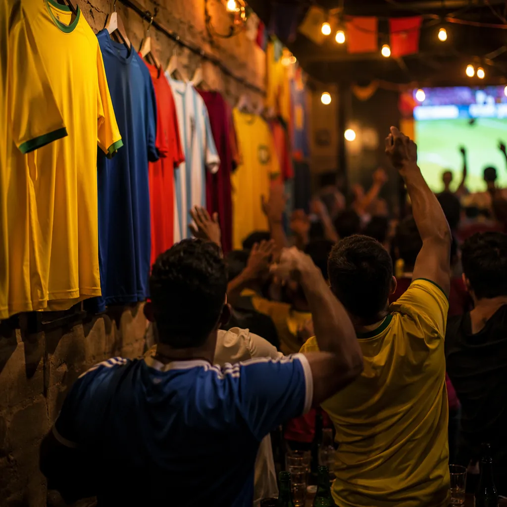 Dimly lit football fans gathering space, colorful unbranded football jerseys han