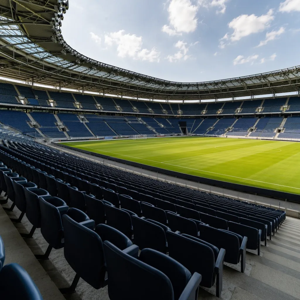 Empty modern football stadium seats with bright natural light, green pitch visib