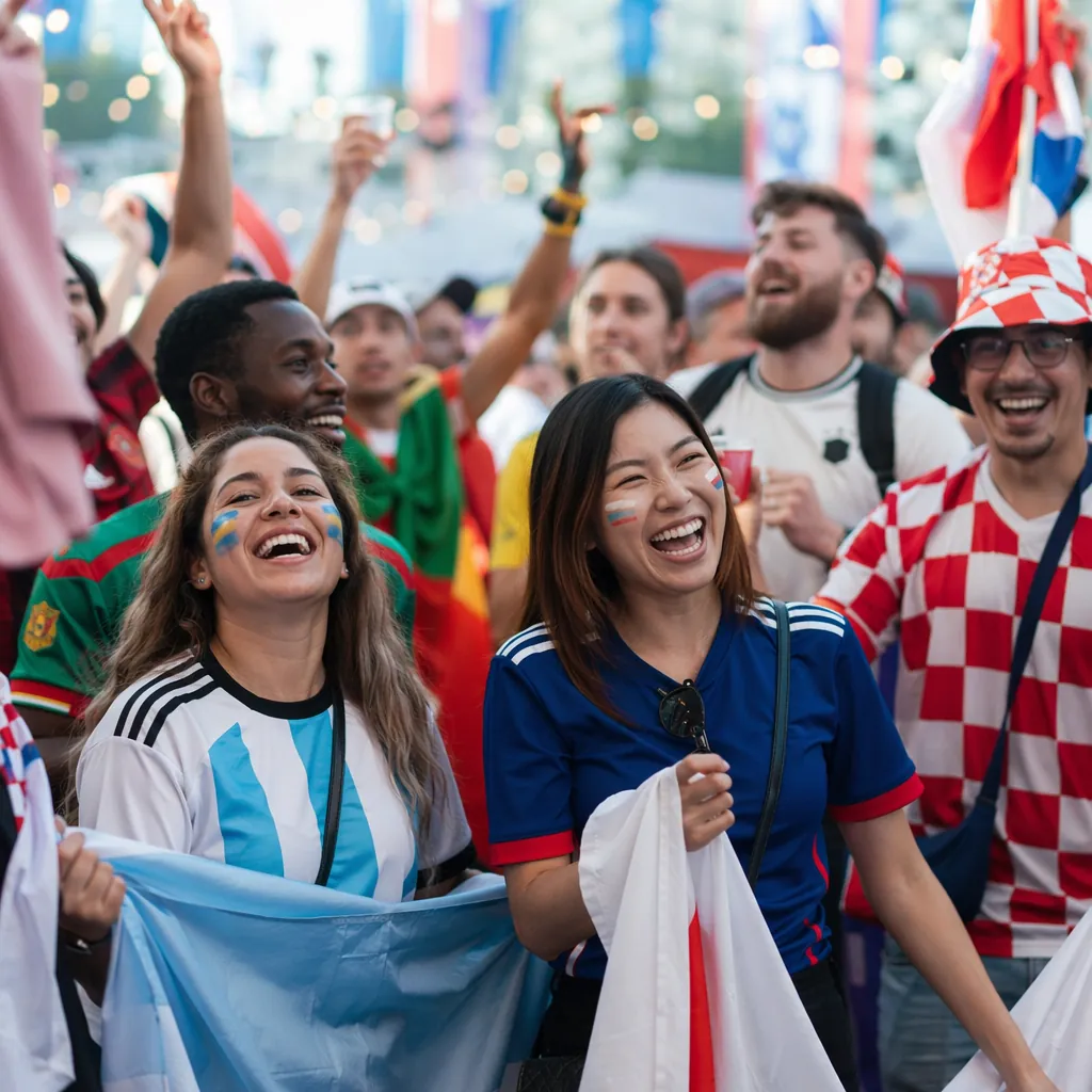 Football fans gathering in a fan zone, wearing national team jerseys, holding co