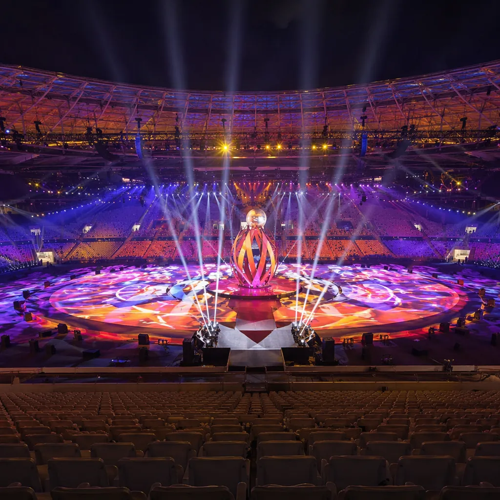 Wide shot of a world cup opening ceremony stage setup in a large stadium, colorf
