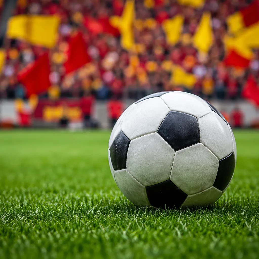 Close-up shot of a traditional soccer ball resting on perfectly maintained green