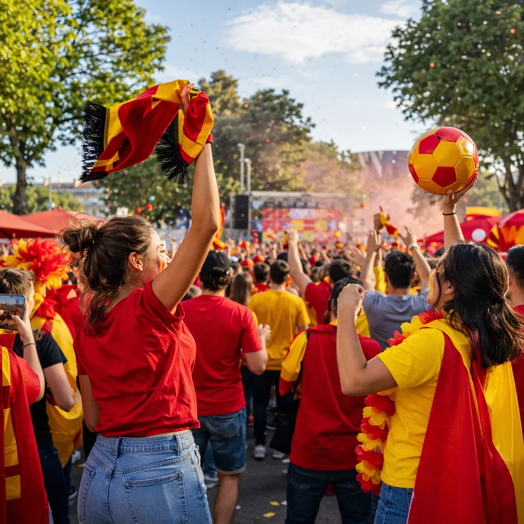 Wide shot of a lively outdoor fan zone with people wearing red and yellow clothi