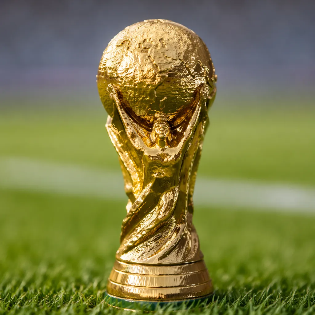 Close up shot of a golden world cup trophy replica placed on a green football pi