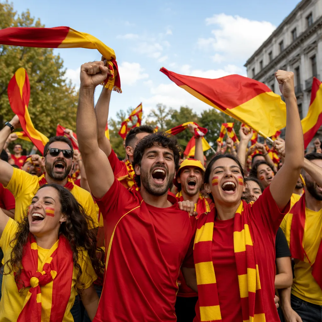 Wide shot of a group of football fans celebrating outdoors, holding red and yell