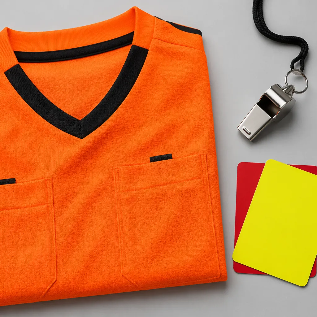 Close up of bright orange referee jersey placed next to a whistle and red/yellow