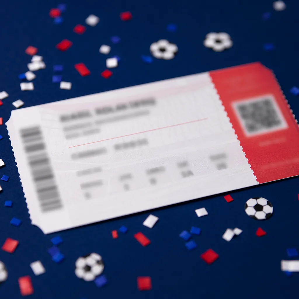 Close up of a generic FIFA World Cup match ticket with blurred text, placed on a
