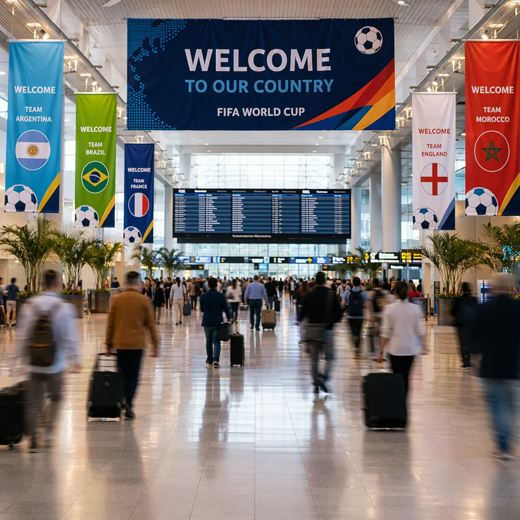 Wide shot of an international airport arrivals hall with welcome signs for World