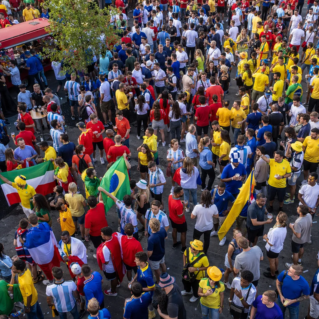 High angle shot of a bustling fan zone outside a football stadium, with fans of 