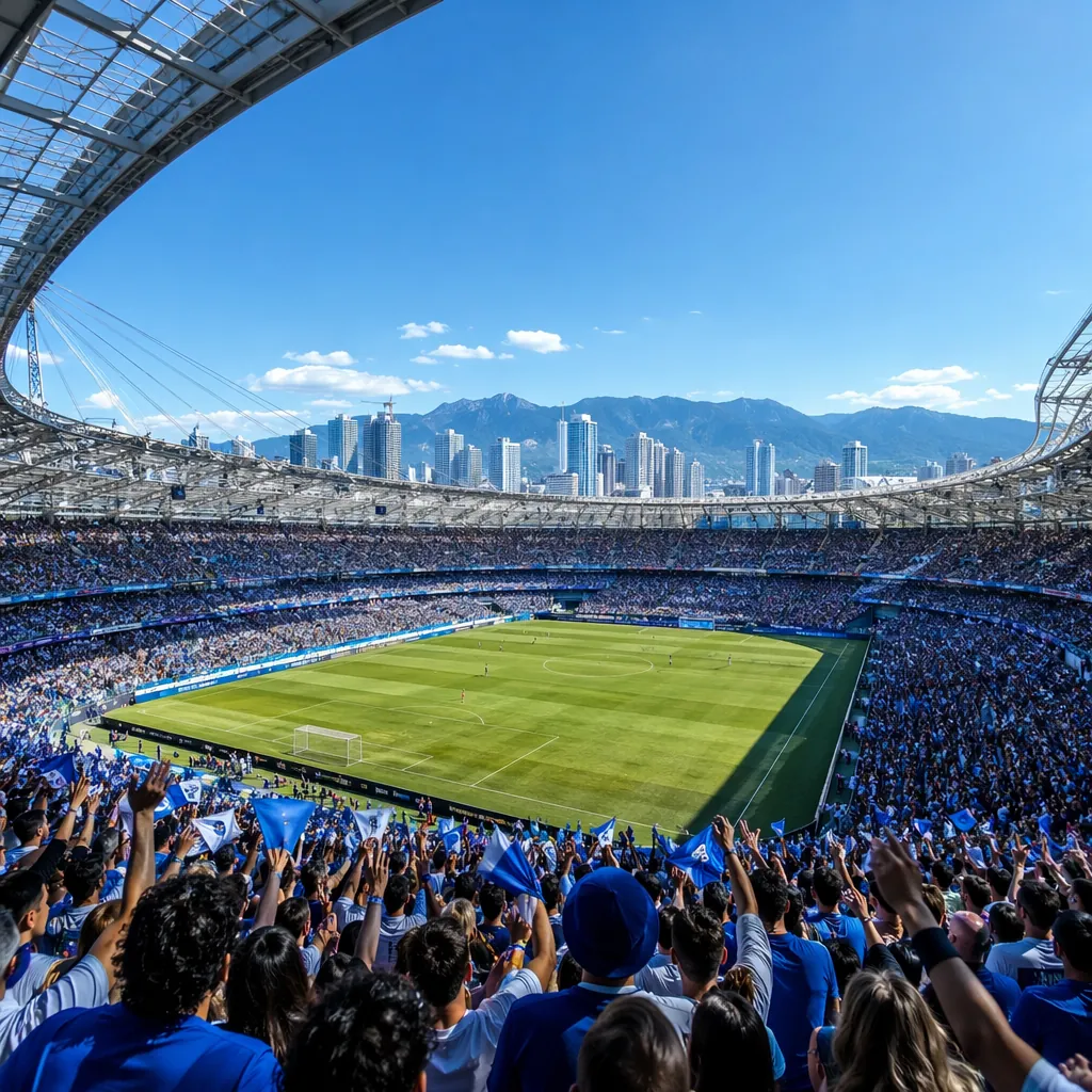 Panoramic view of a modern FIFA World Cup host stadium in Vancouver, filled with