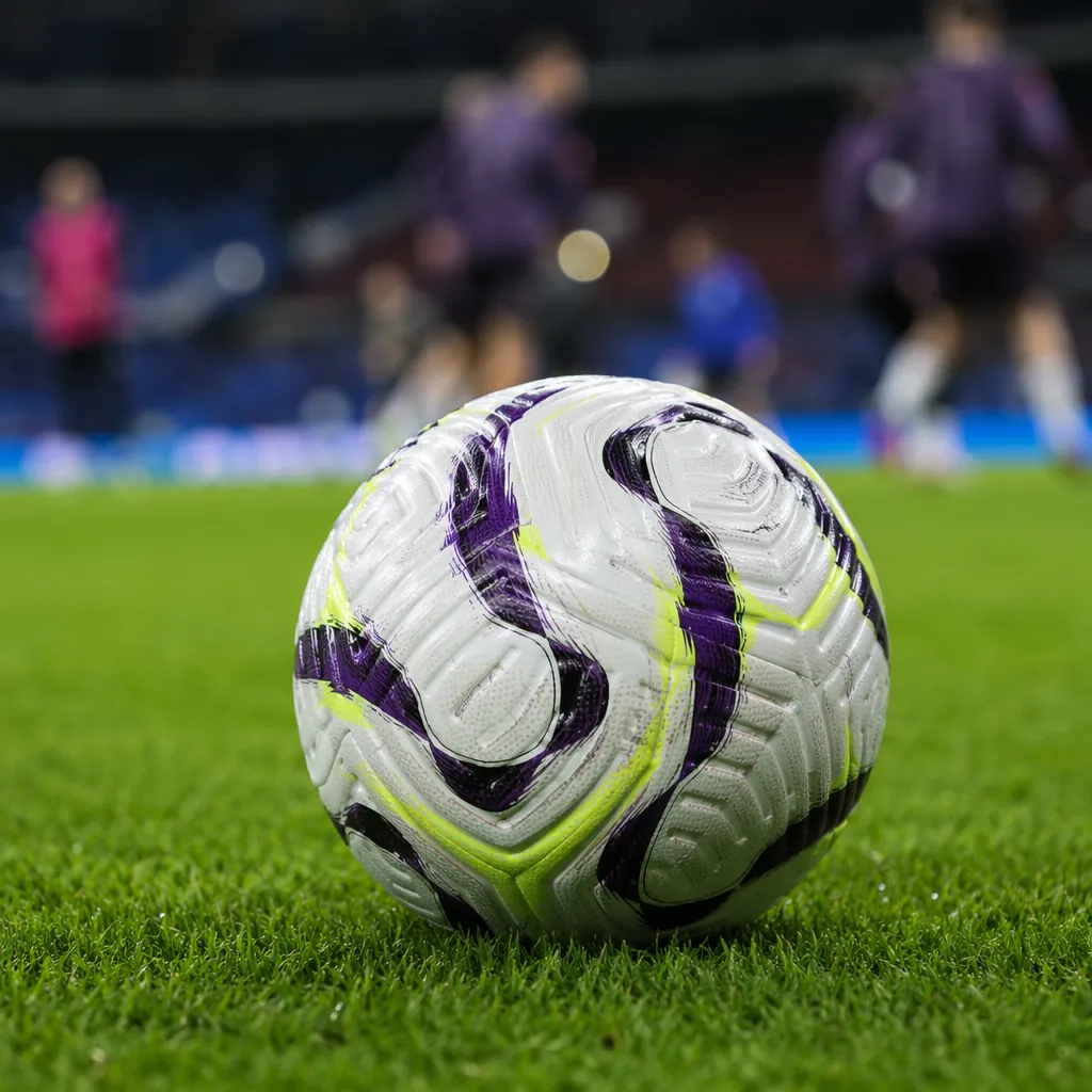 Close-up shot of a professional football match ball on green grass pitch, with b