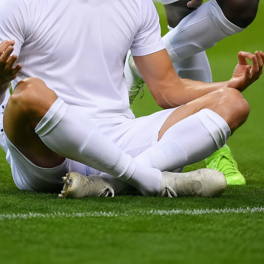 Close up of generic football players' lower bodies on green pitch, one player si