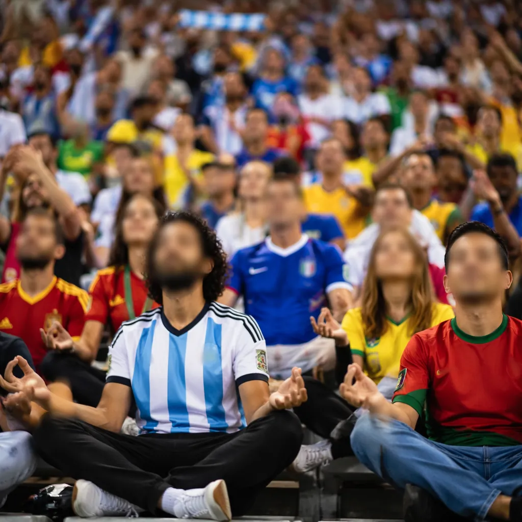 Blurred crowd of diverse football fans in colorful team jerseys, some fans sitti