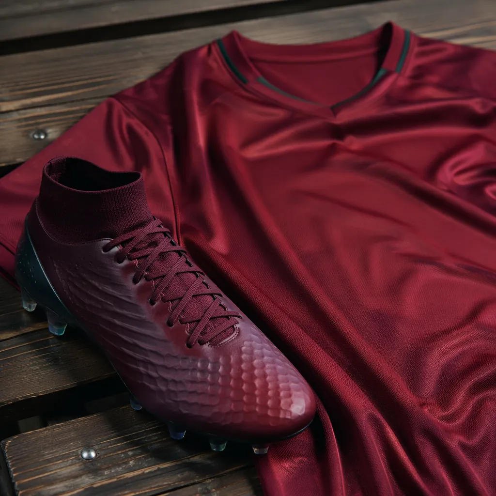 Close up of a football boot and a plain national team jersey laid on a wooden be