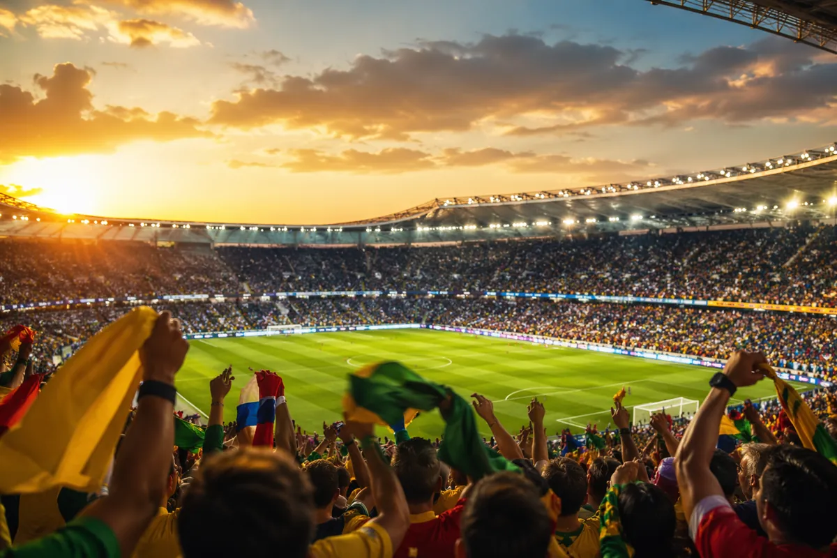 Professional editorial sports news header image, wide shot of a vibrant football stadium d