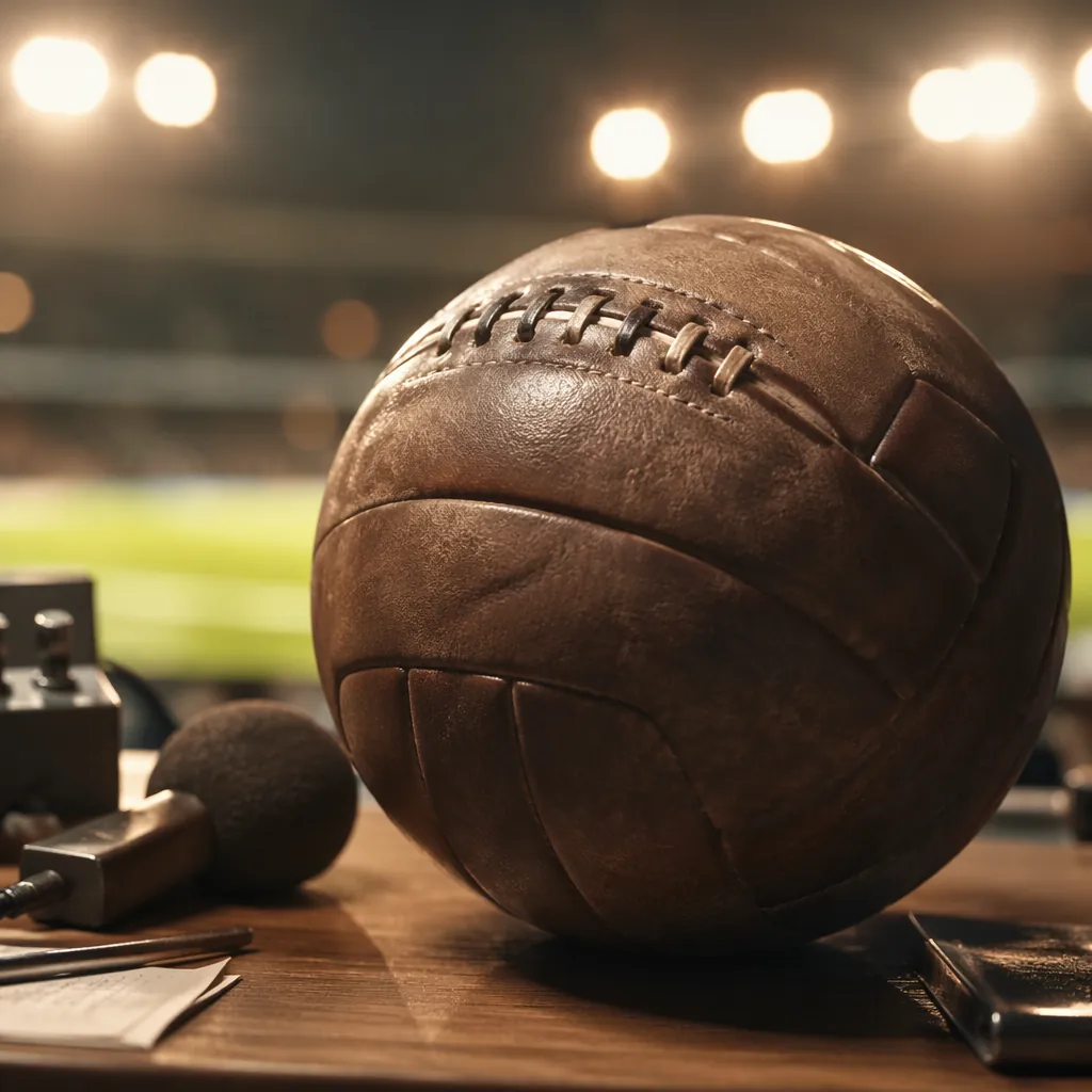 Close up of a vintage leather football on a commentator's desk with blurred stad